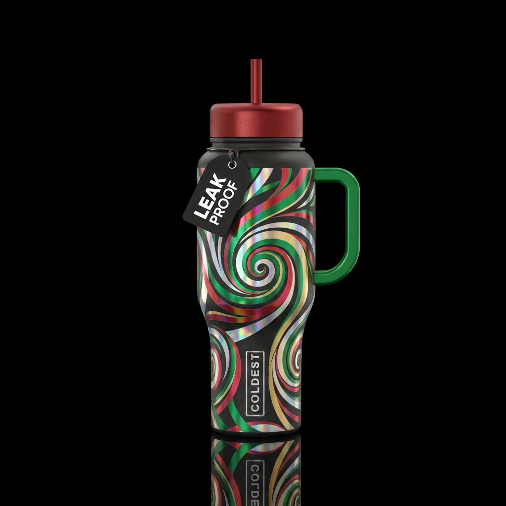 Christmas spirals green red silver gold iridescent water bottle design