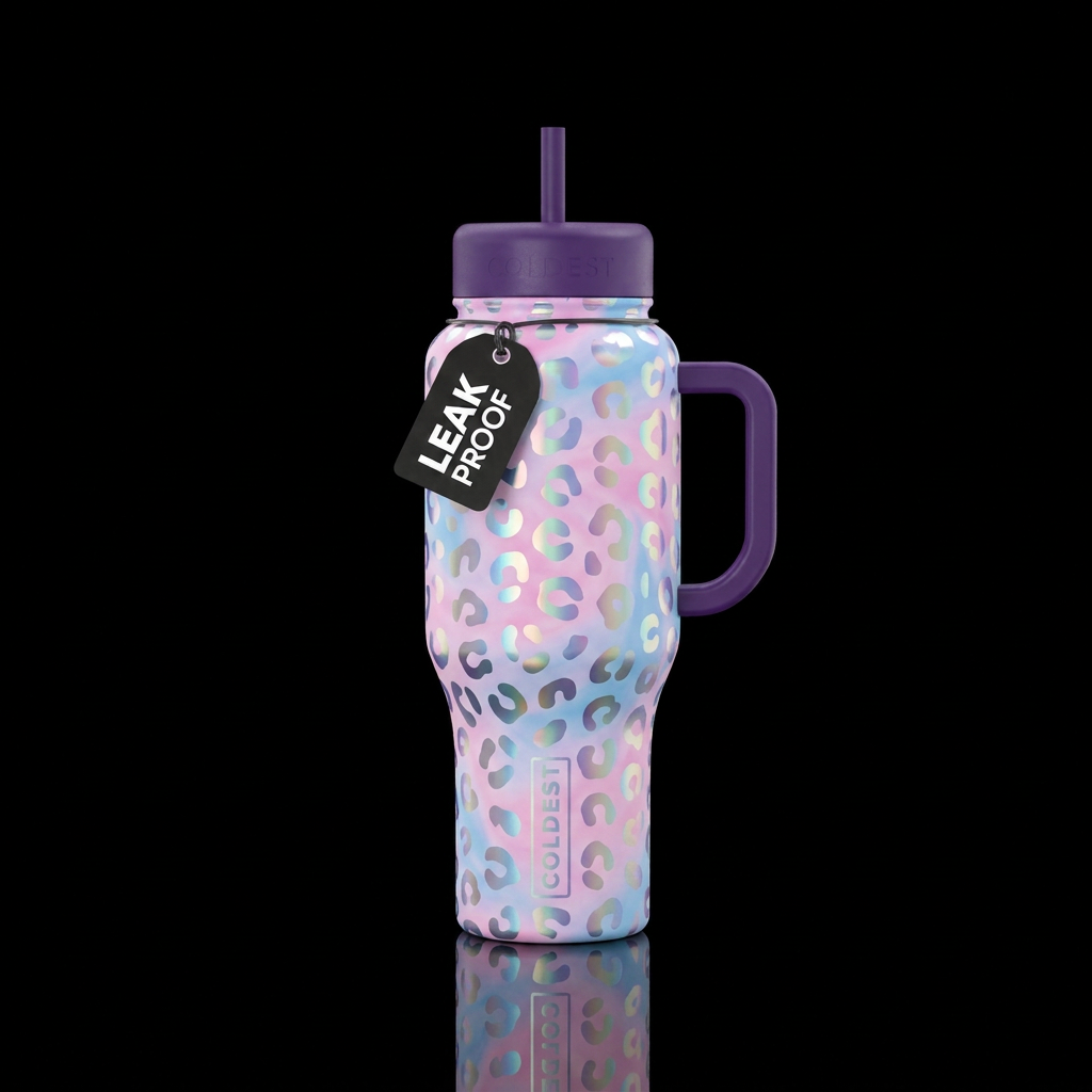 Moonlight iridescent leopard spots in cotton candy... water bottle design
