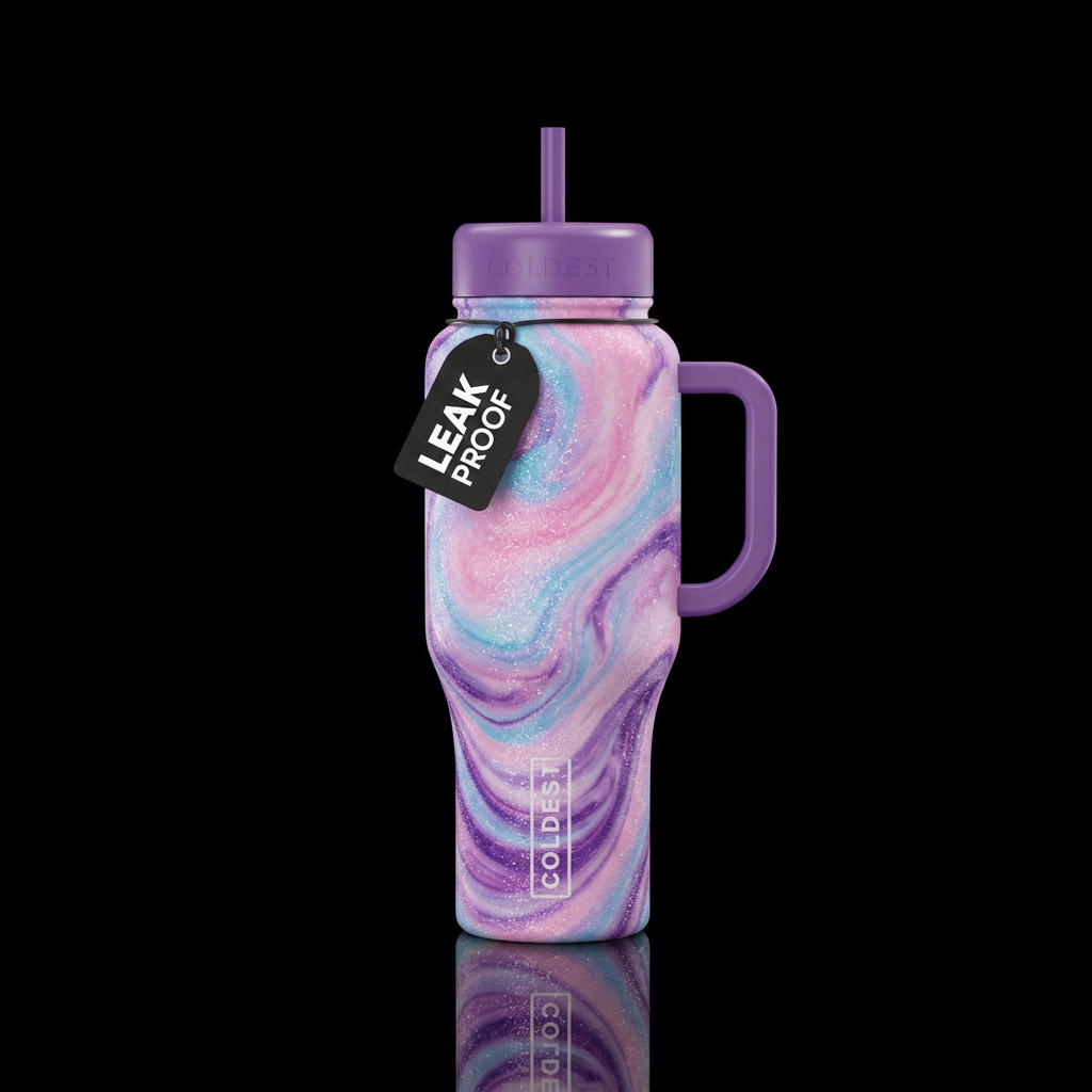 Cotton candy unicorn swirl water bottle design