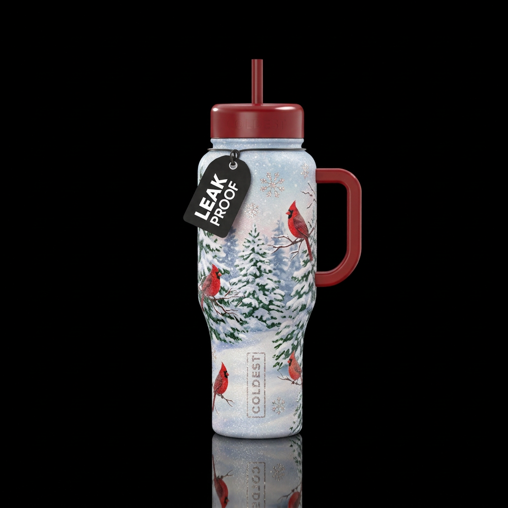 Snowy scene glittery with small snowflakes pine tr... water bottle design