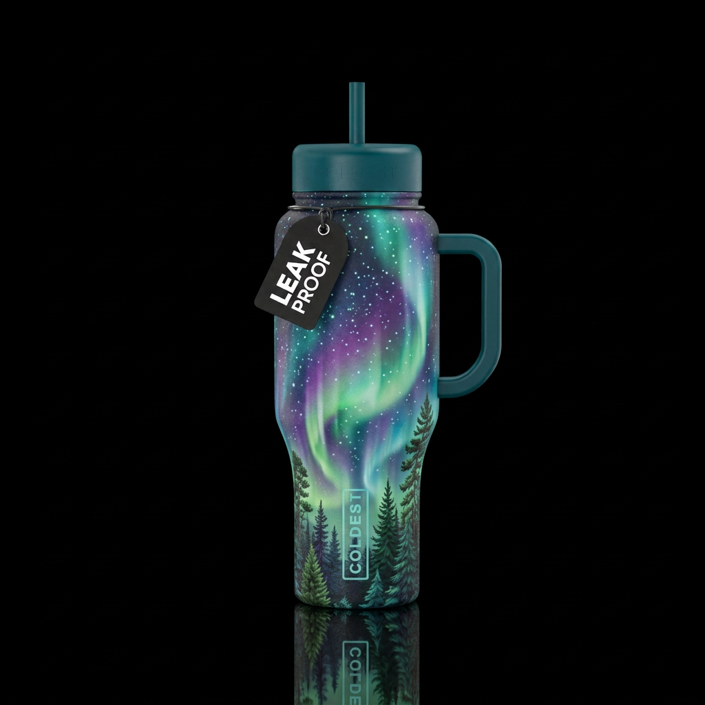 trees, aurora, glowie, swirls water bottle design
