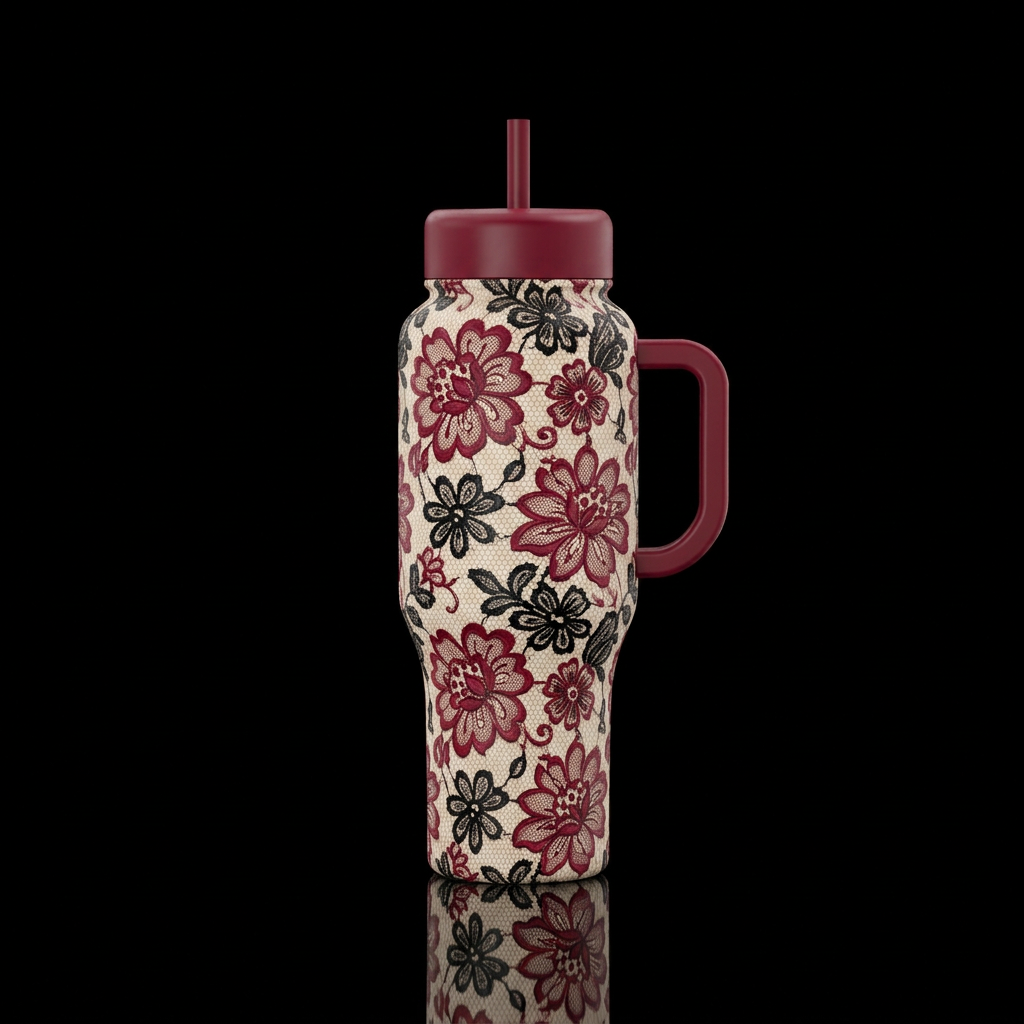 Creamy opal background with deep cranberry red and... water bottle design