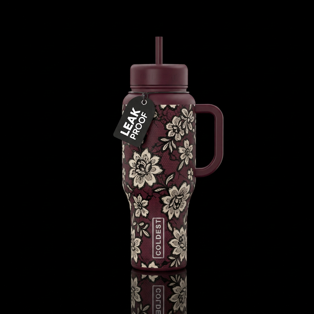 Dark burgundy background with cream and black lace... water bottle design