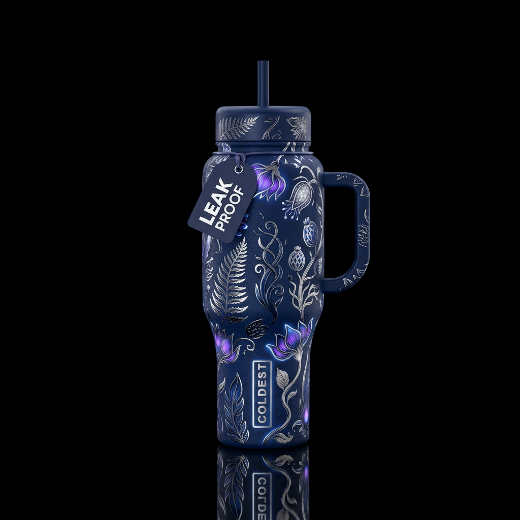 Midnight blue, silver, Glowie garden, goth water bottle design