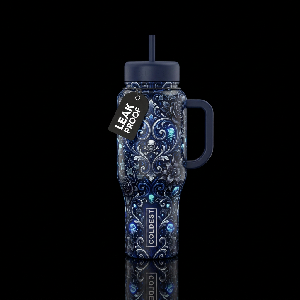 Midnight blue, silver, Glowie garden, goth water bottle design
