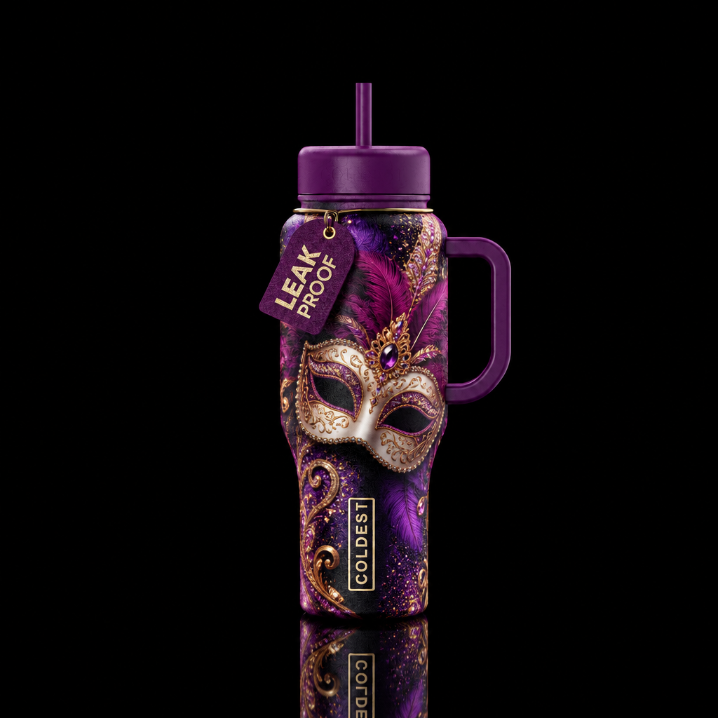 venetian masquerade, sparkly, vibrant, beautiul water bottle design