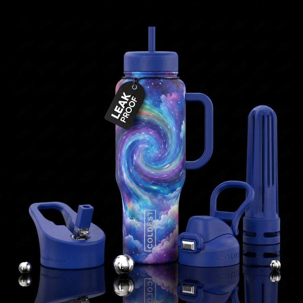 Blue swirl rainbow cloud water bottle design