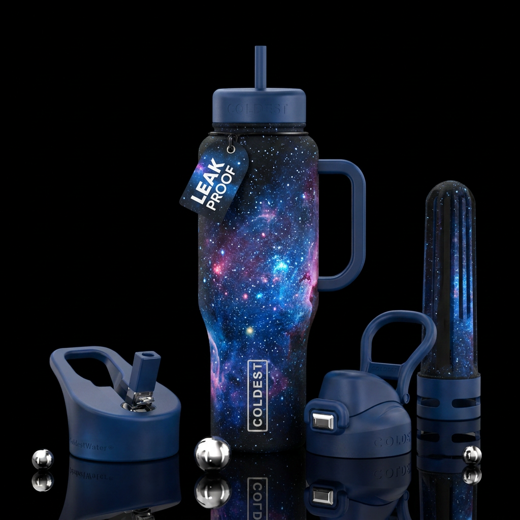 Space stars blue black celestial water bottle design