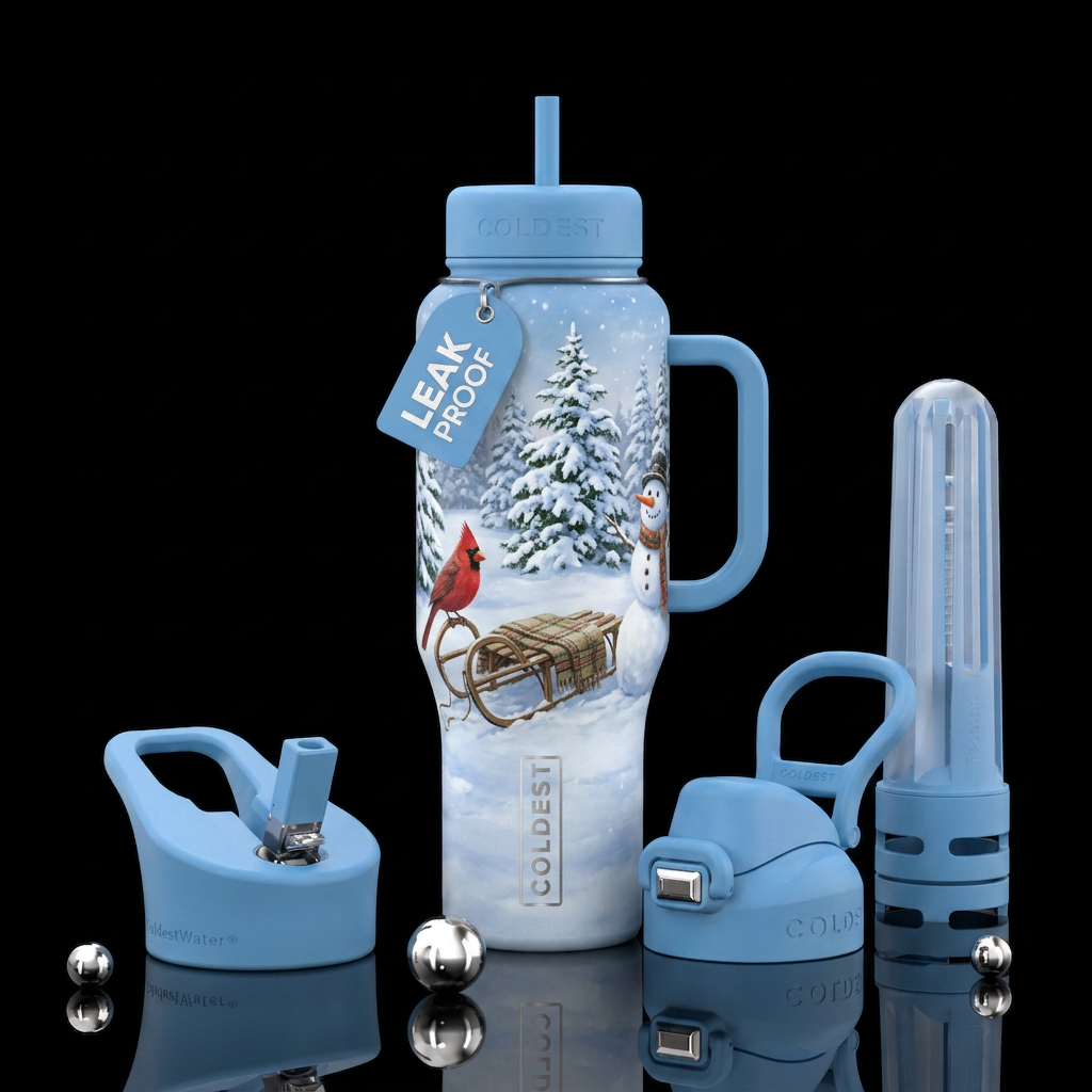 Snow peaceful sled snowman cardinal water bottle design