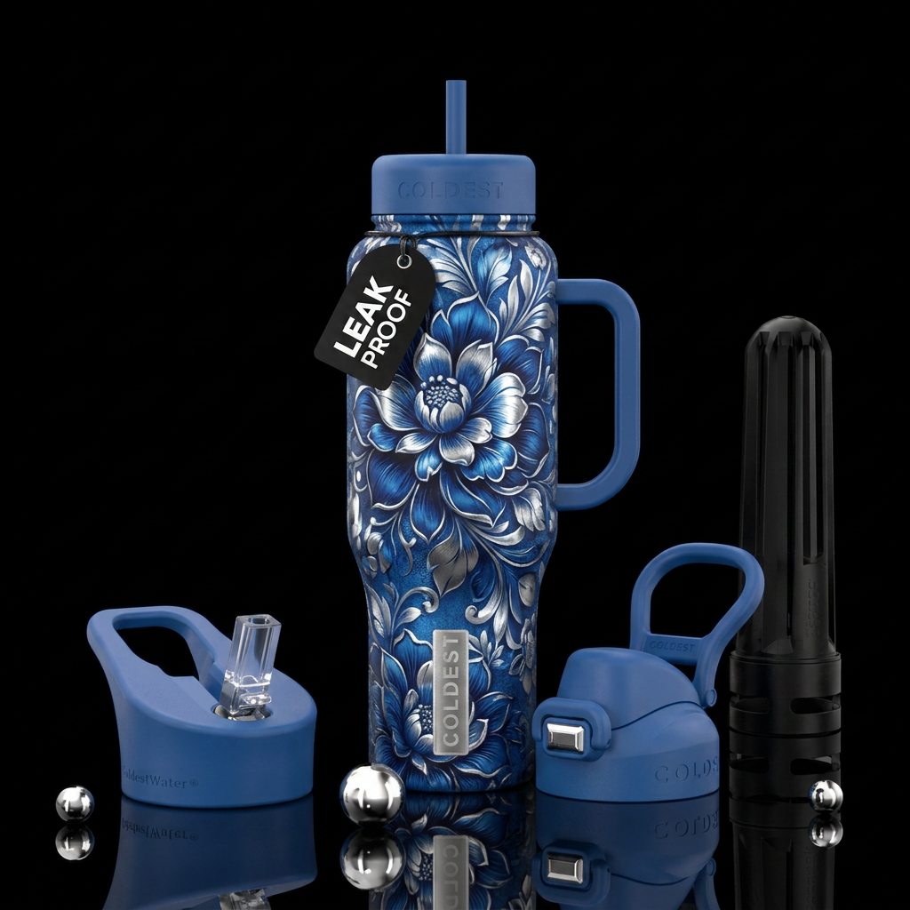 Silver snow blue floral water bottle design