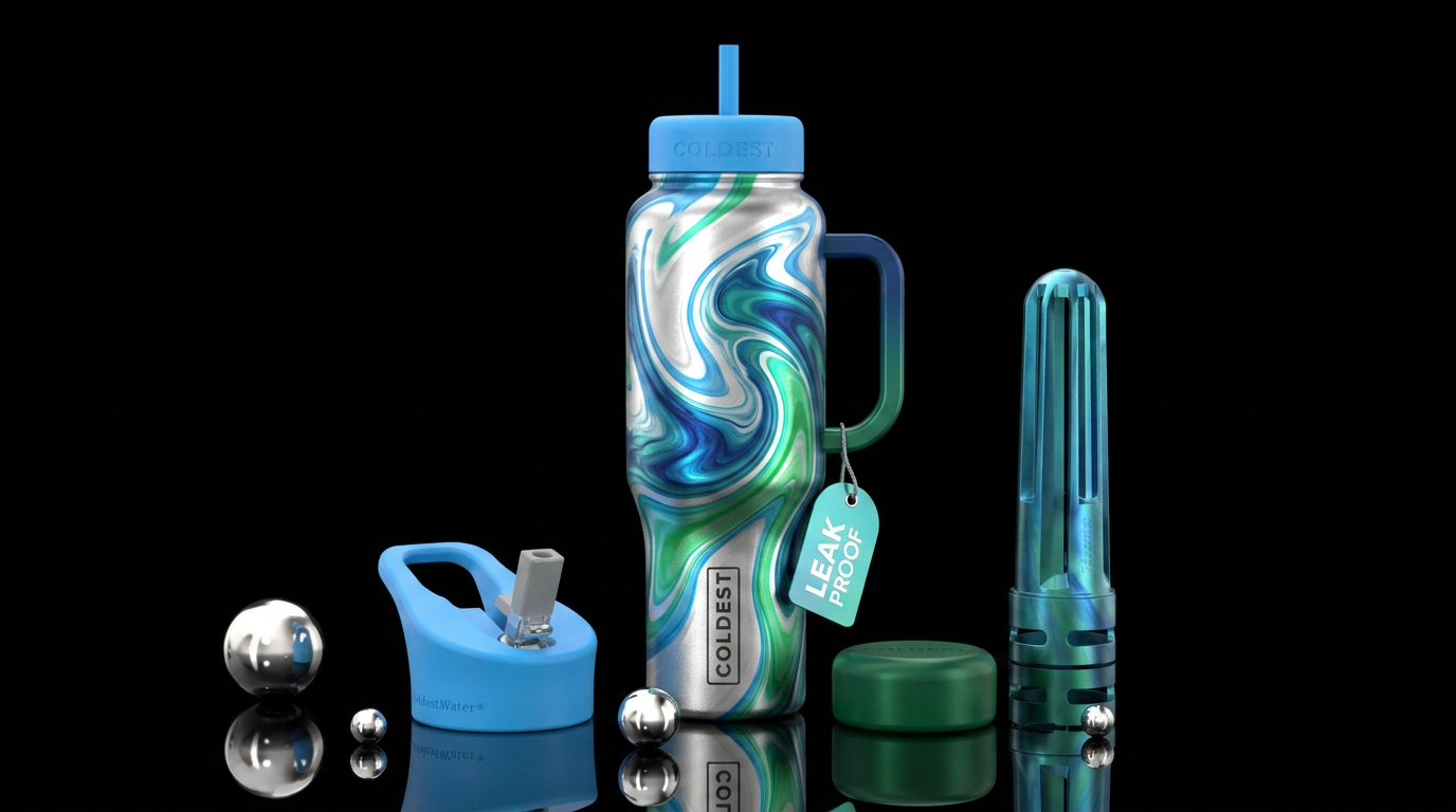 Silver snow blue swirl green water bottle design