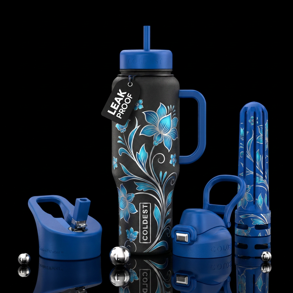 Silver snow blue flowers water bottle design
