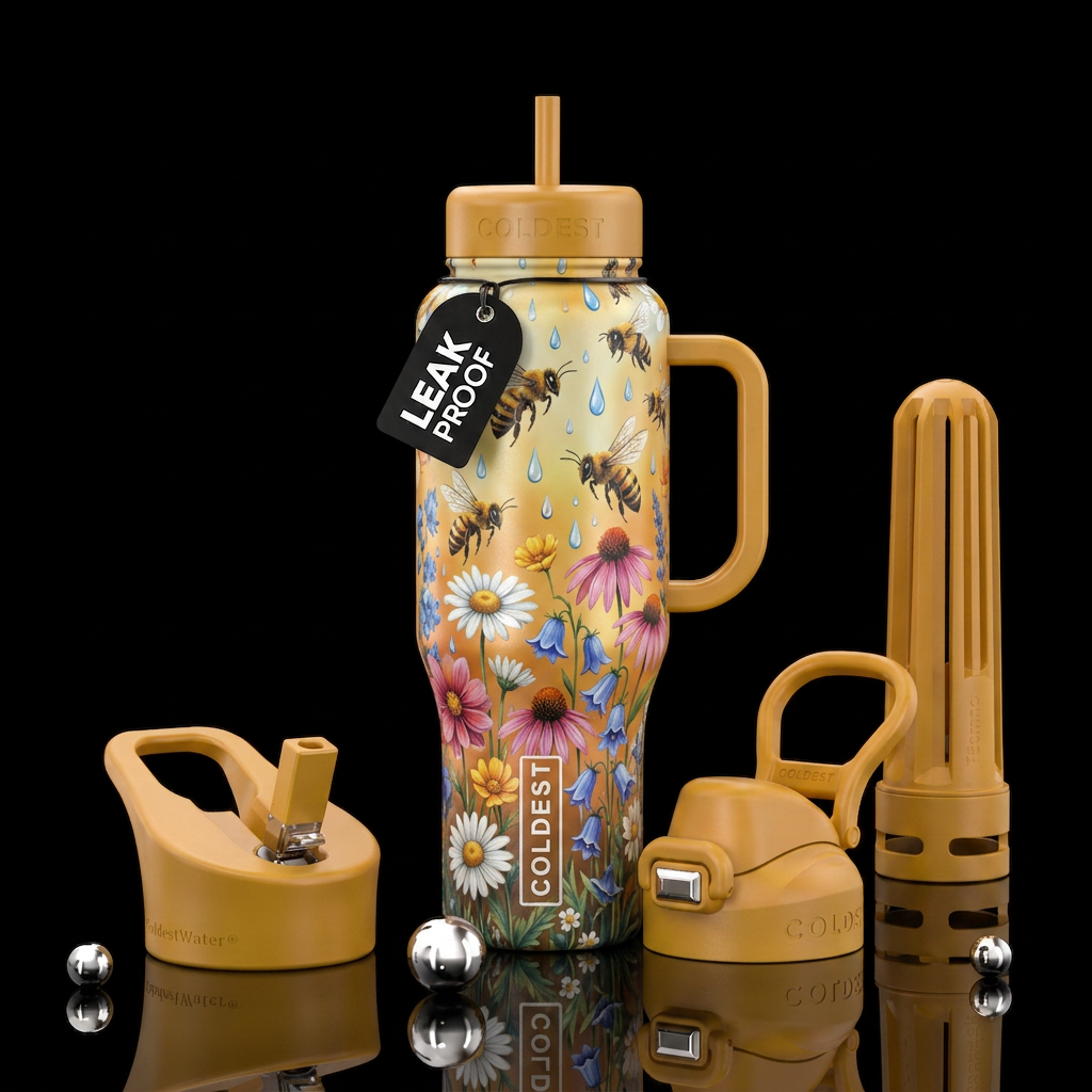 Bees flowers rain water bottle design