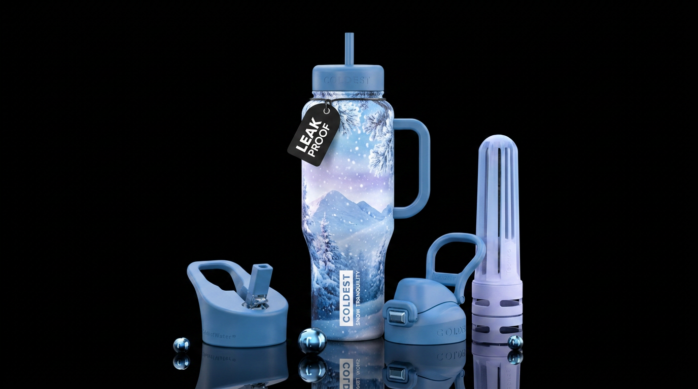 Snow ice peaceful tranquility water bottle design