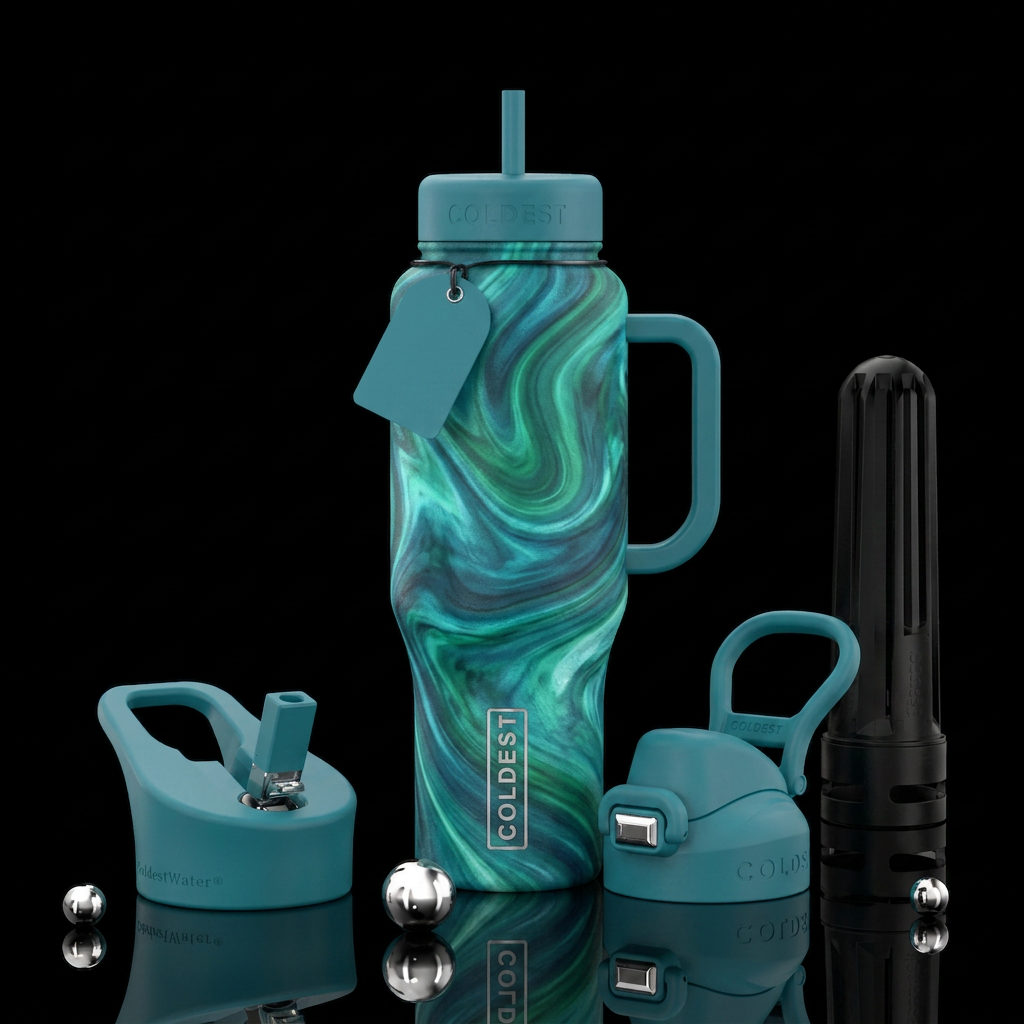 Blue green swirl texture water bottle design