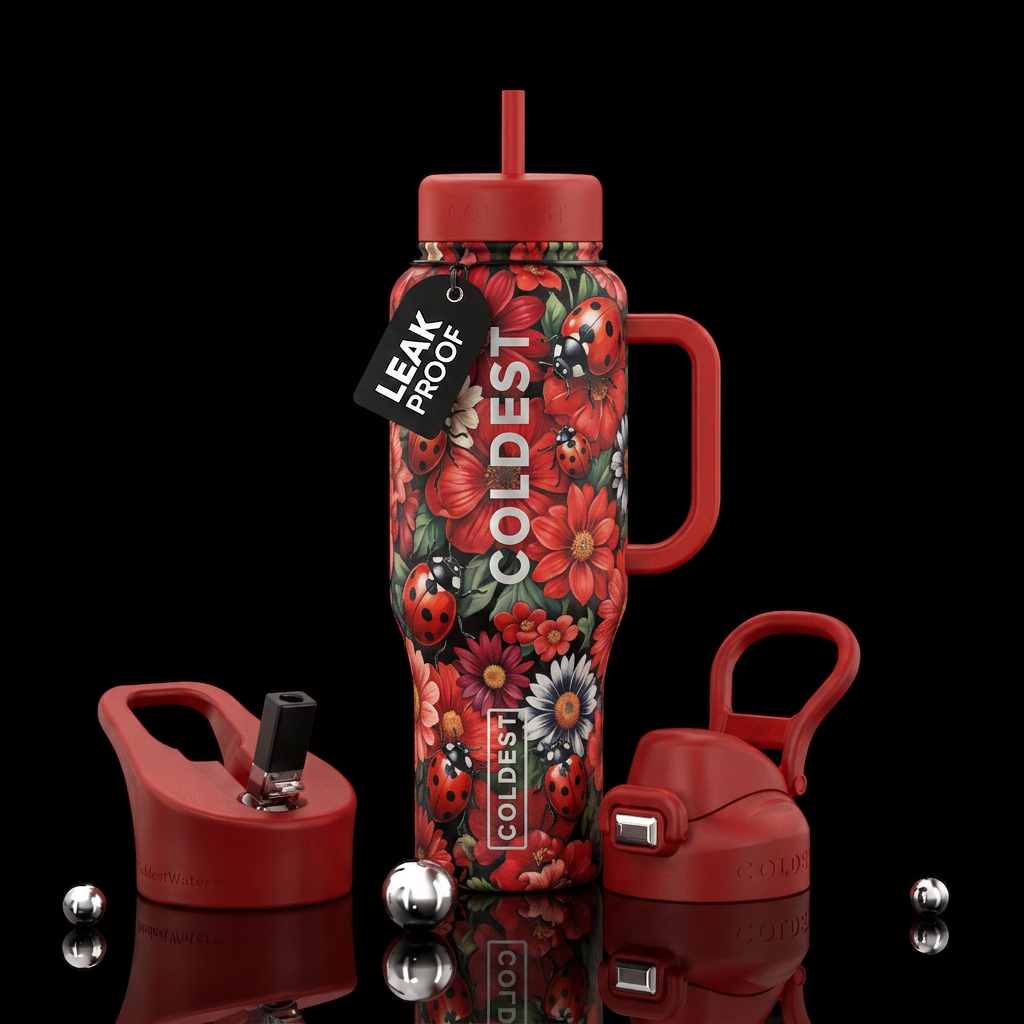 Lady bug floral red water bottle design