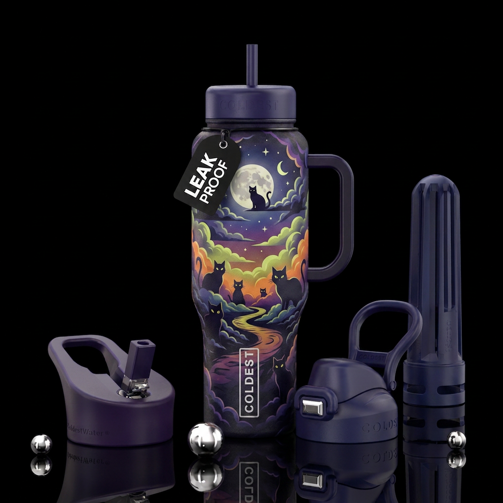 Feline spooky cloudy night water bottle design