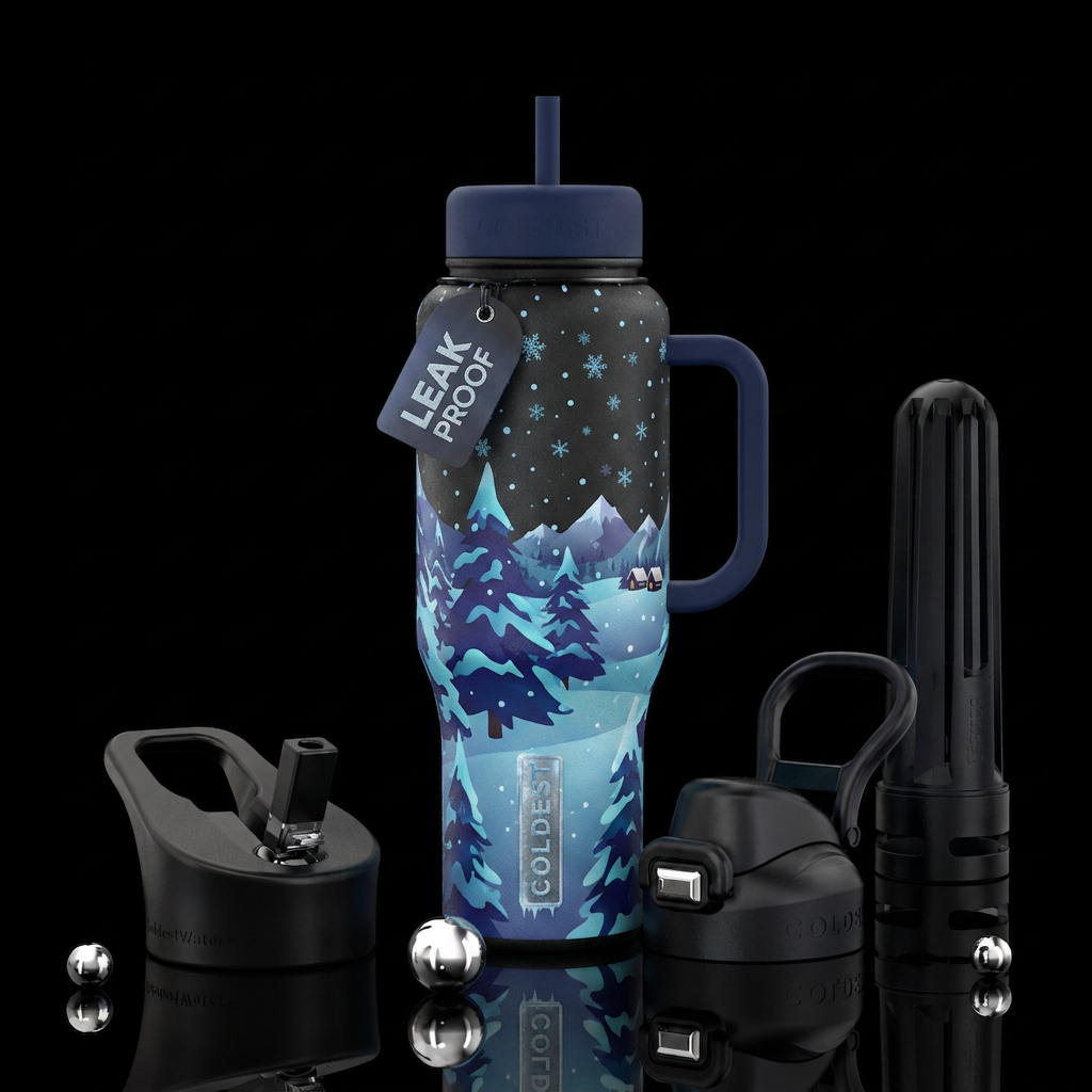 Winter snowy night water bottle design