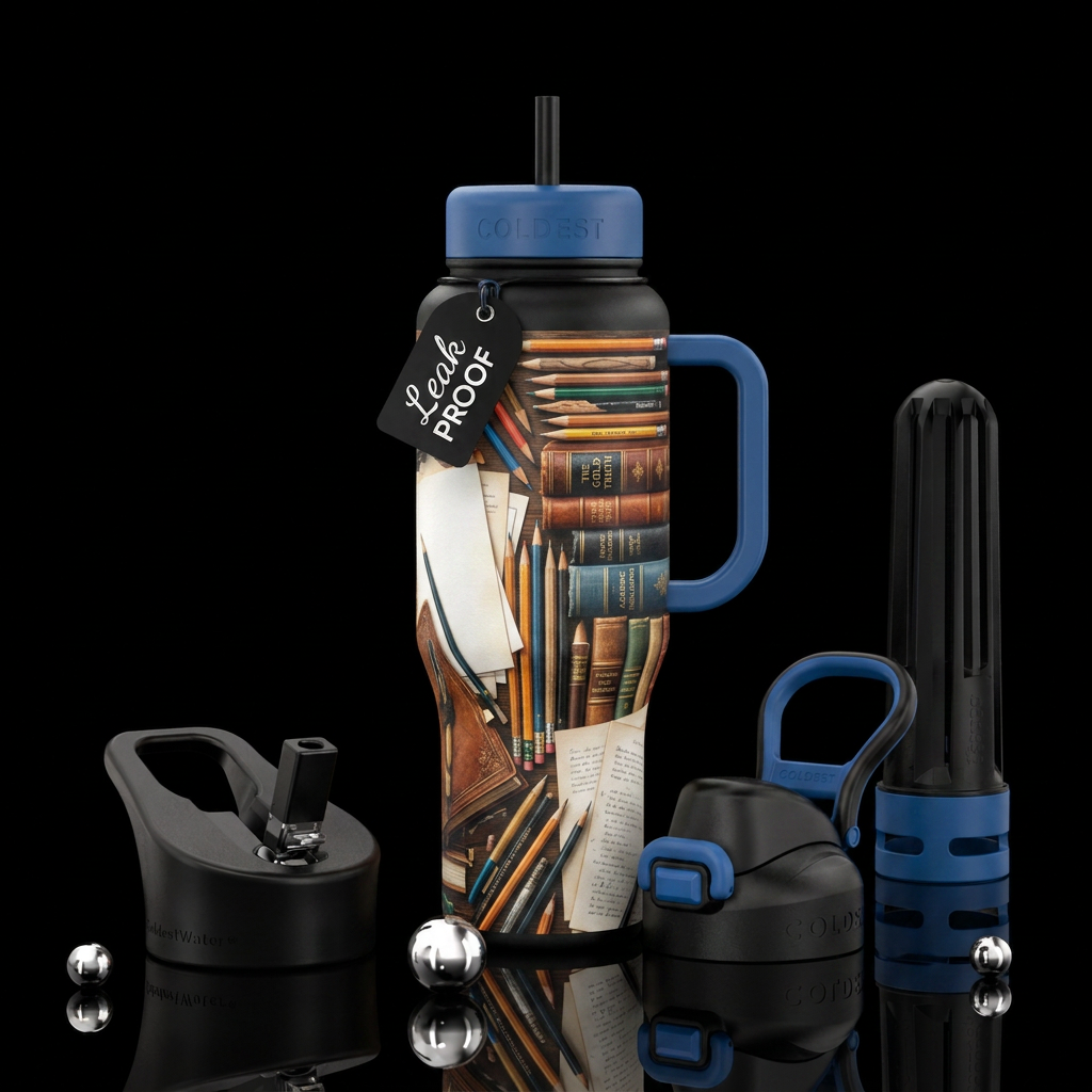 Pencils paper books water bottle design