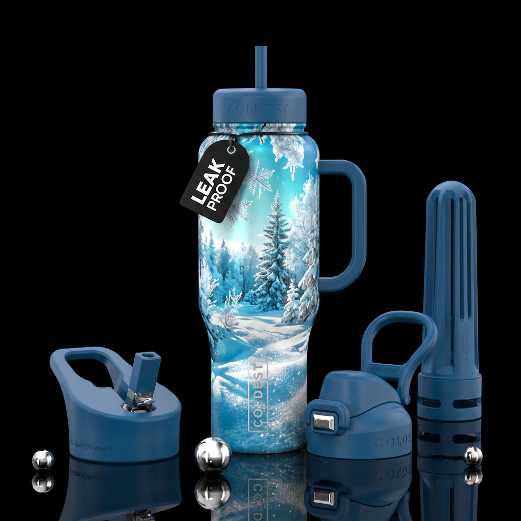 Cold peaceful bright winter water bottle design