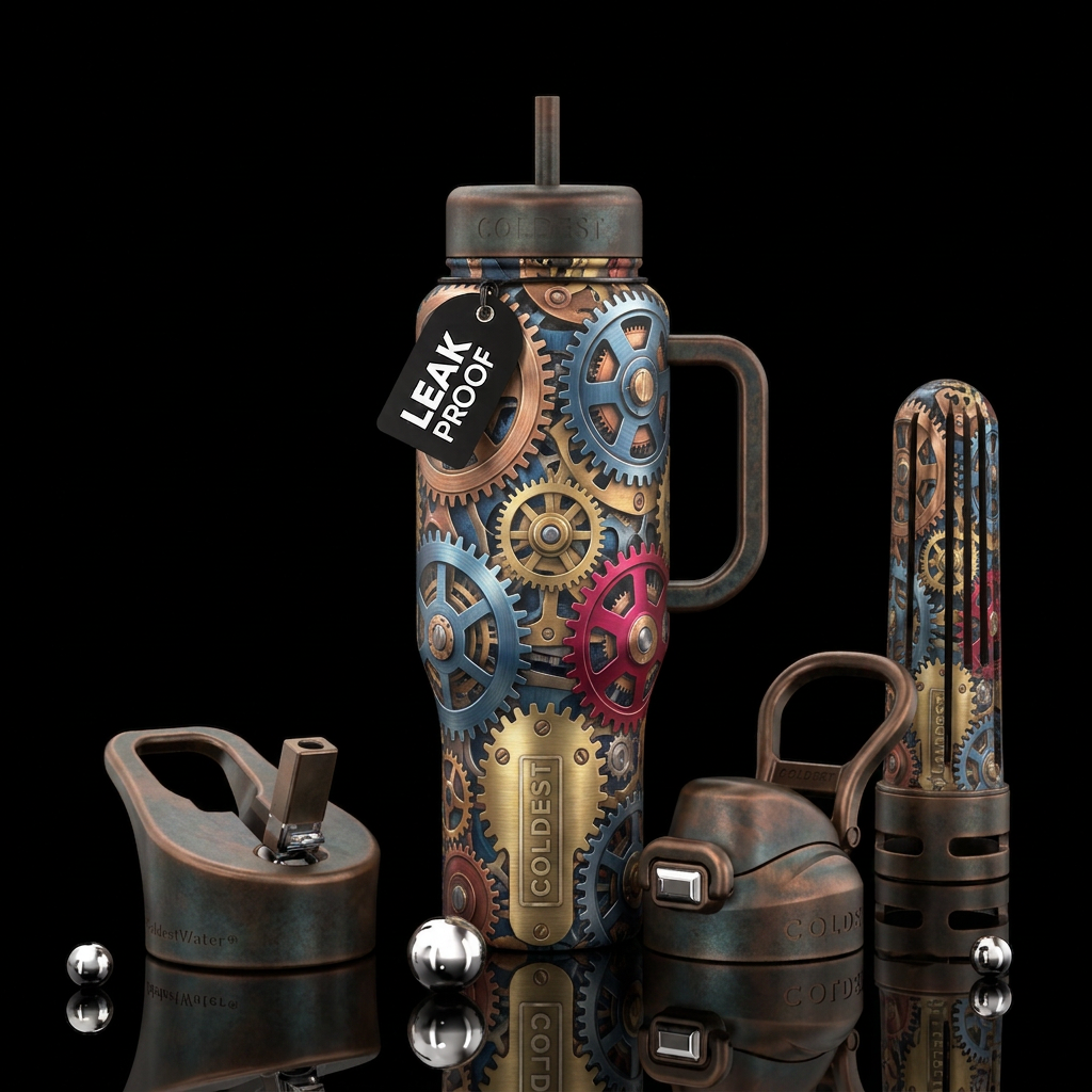 Gears metal machines water bottle design