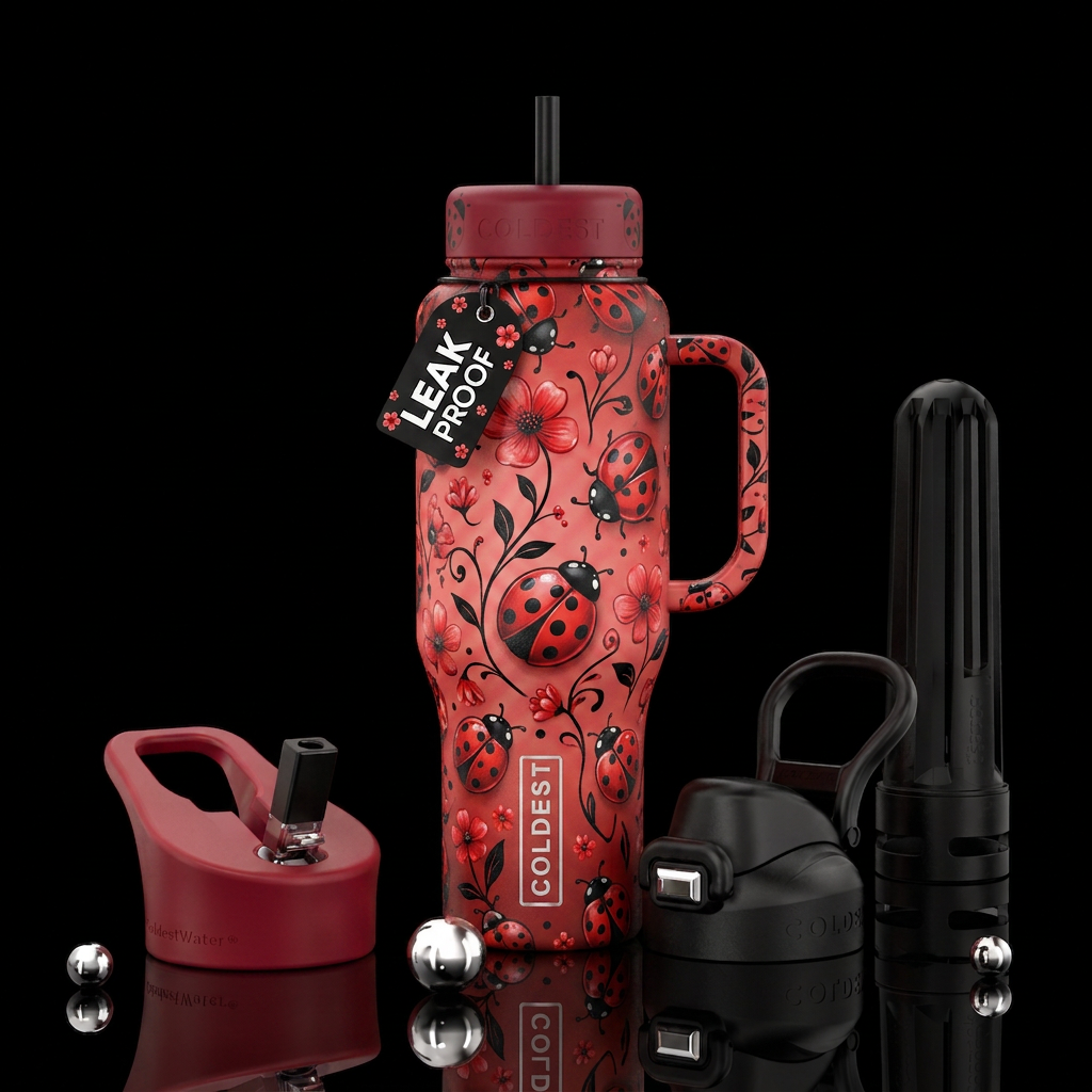 Lady bug flower red black water bottle design