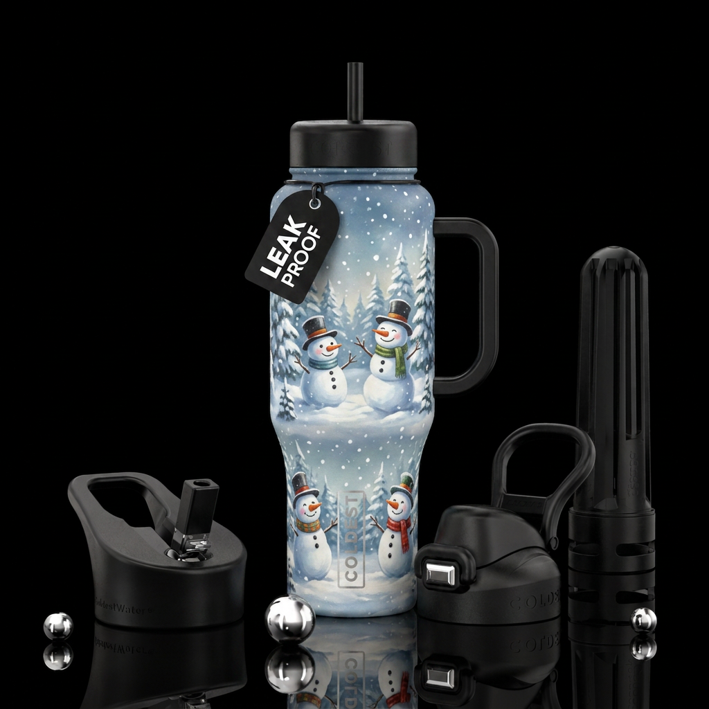 Snow snowman peaceful water bottle design