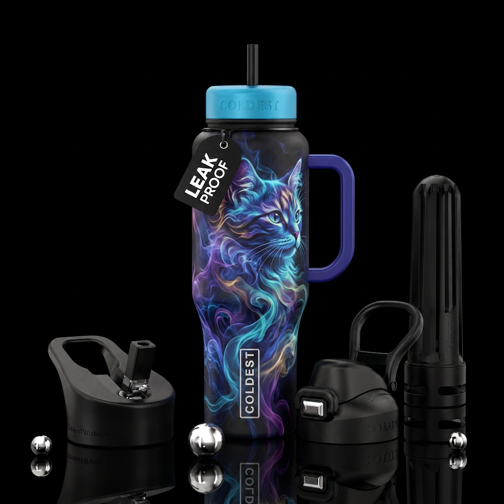 Swirl fantasy smoke cat water bottle design