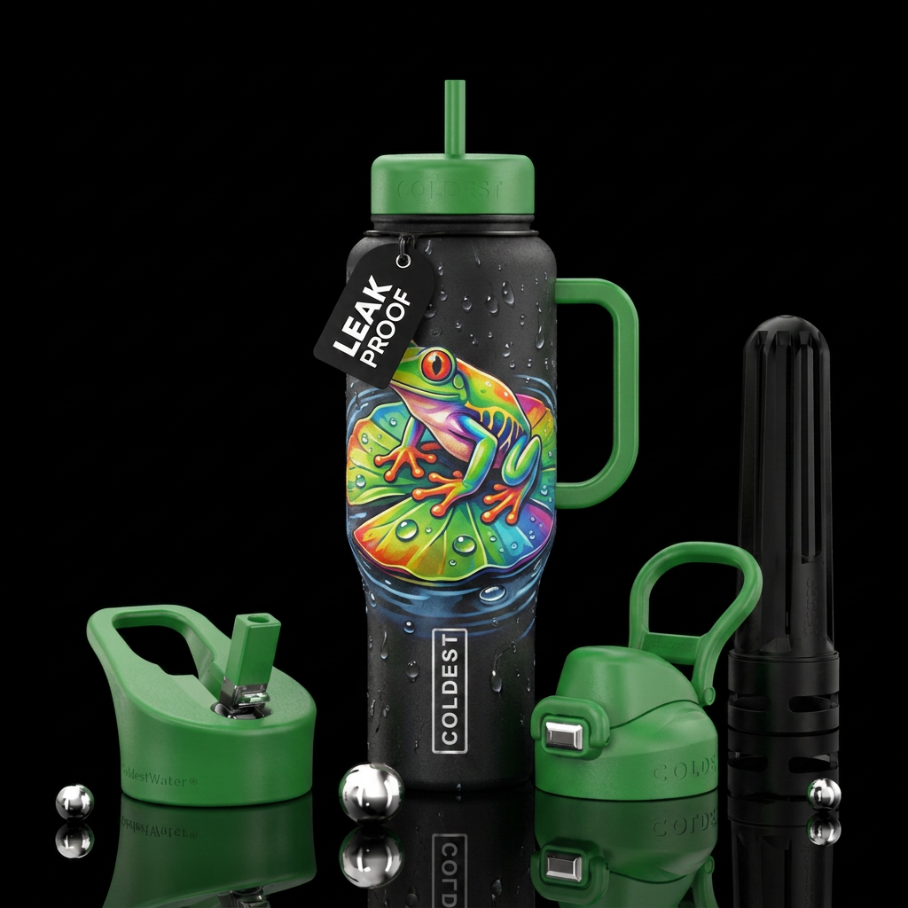 Rainbow frog lily pad water bottle design