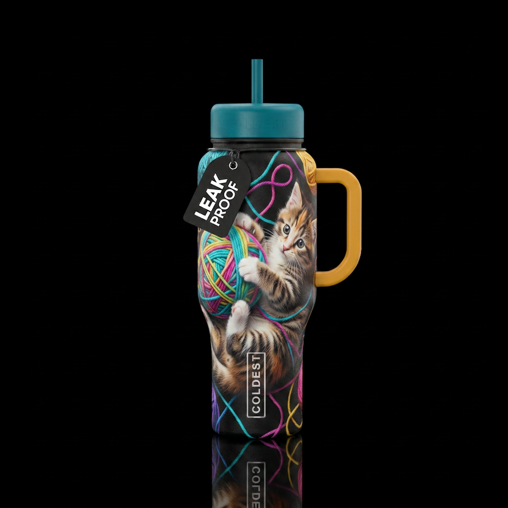 Kitten rolling playing yarn water bottle design