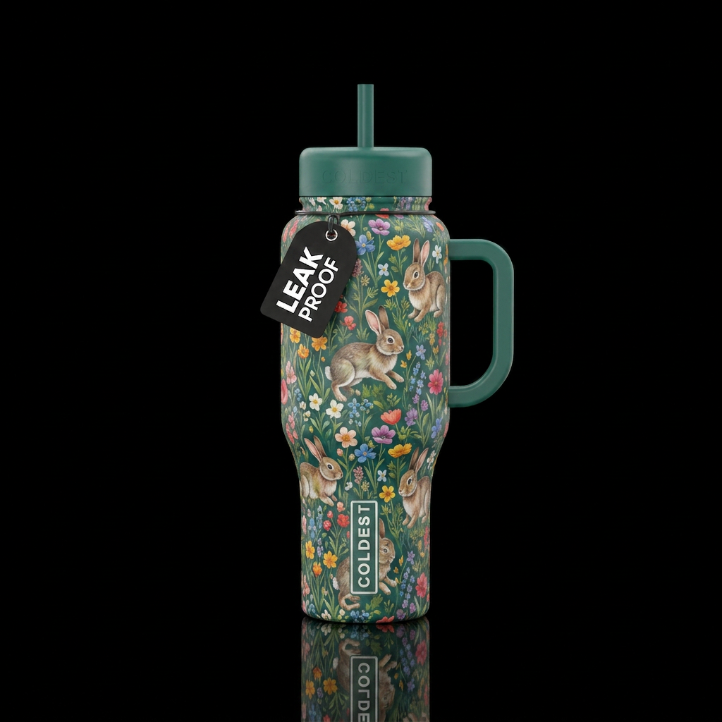 Bunny flowers field water bottle design