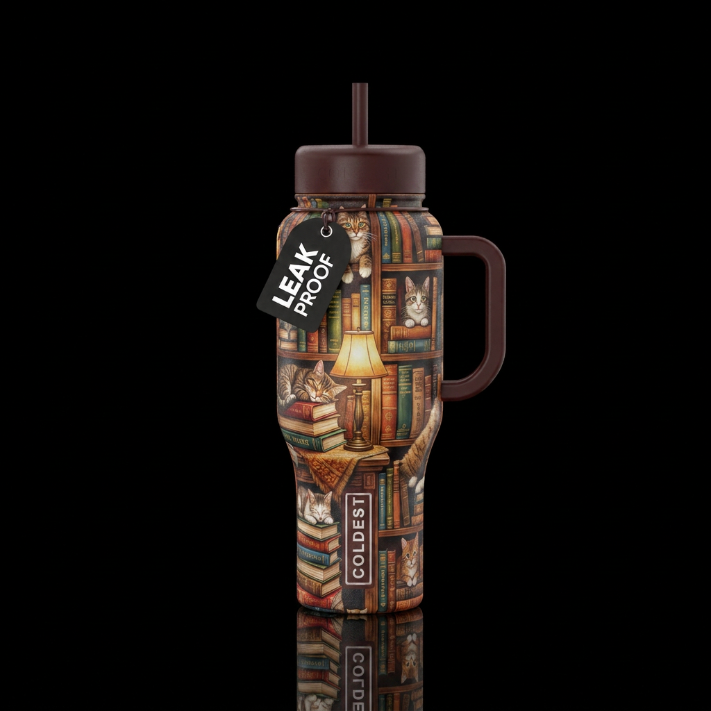 Library cats books cozy water bottle design