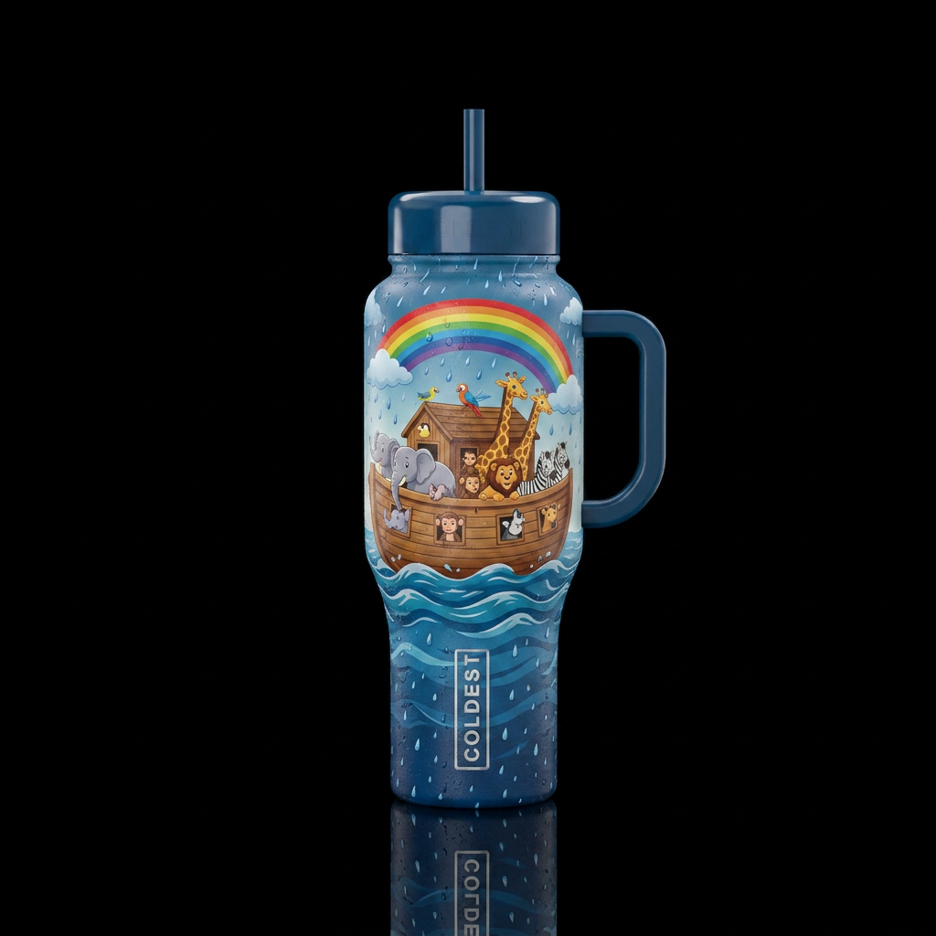 Noah’s Ark ship rain animals water bottle design