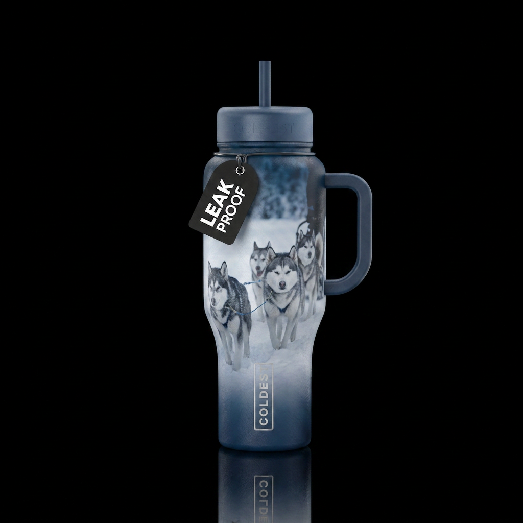 Snow peaceful sled dog water bottle design