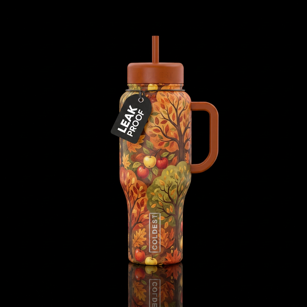 Apple fall cozy trees leaves water bottle design