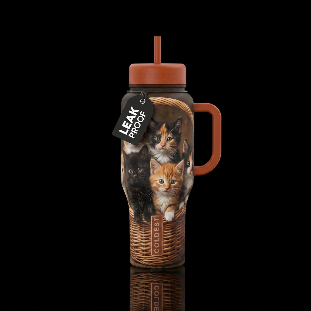 Basket of kittens black orange calico water bottle design