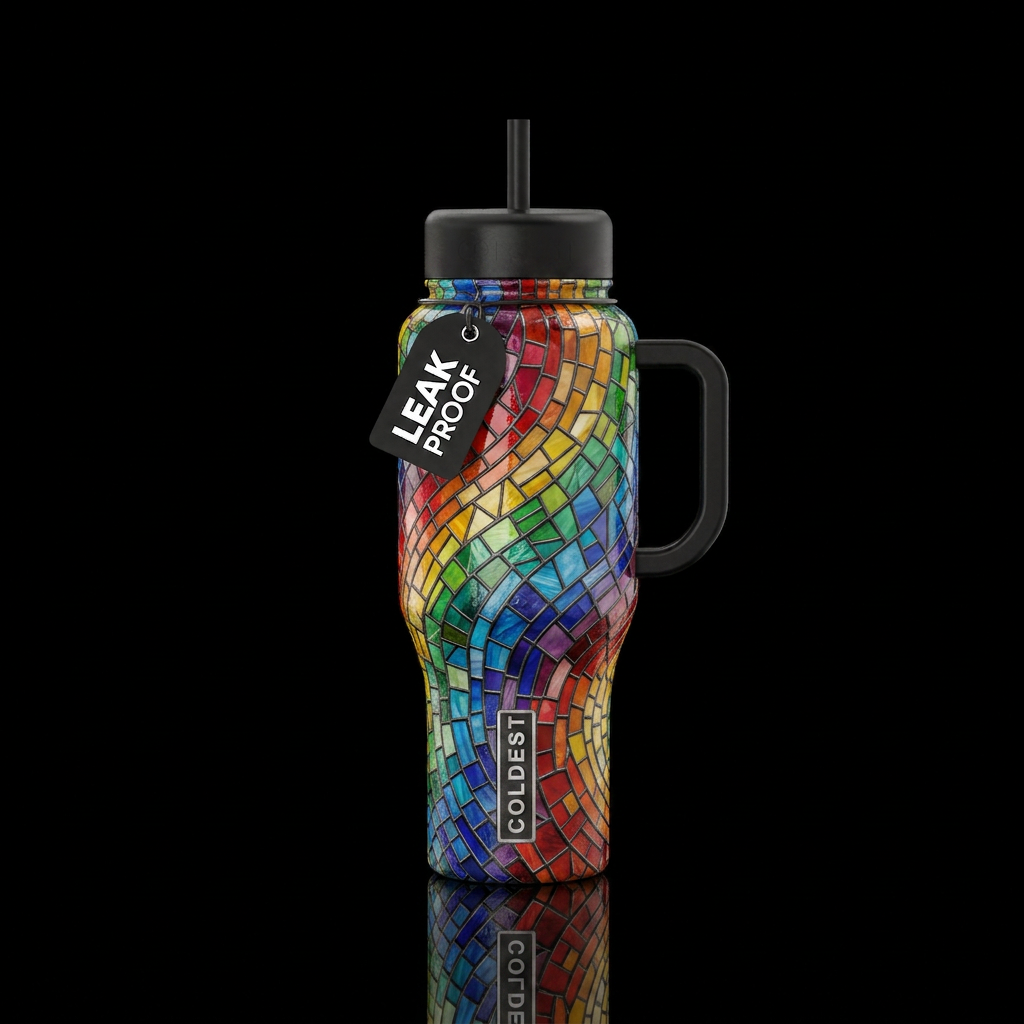 Mosaic stained glass rainbow water bottle design