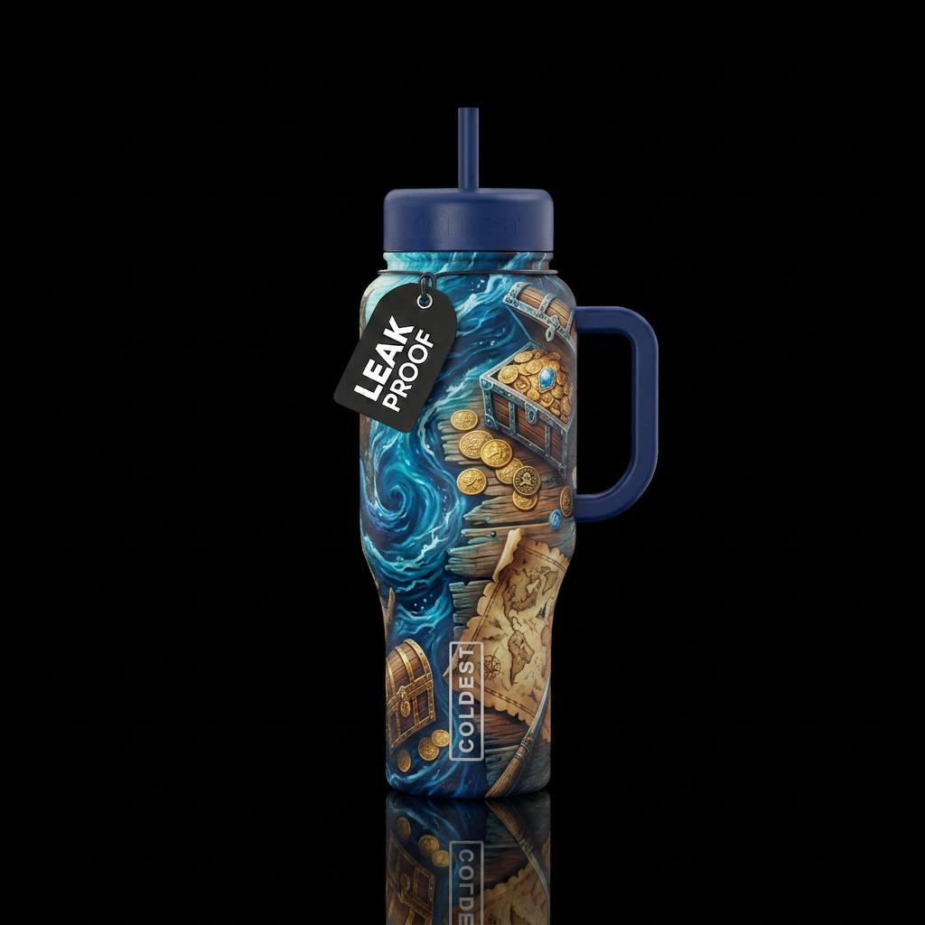 Ocean tide pirate treasure water bottle design