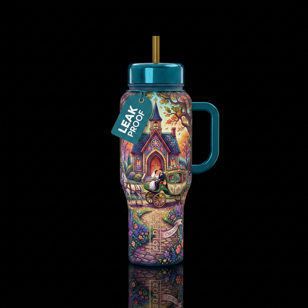 Wedding chapel horse drawn carriage water bottle design