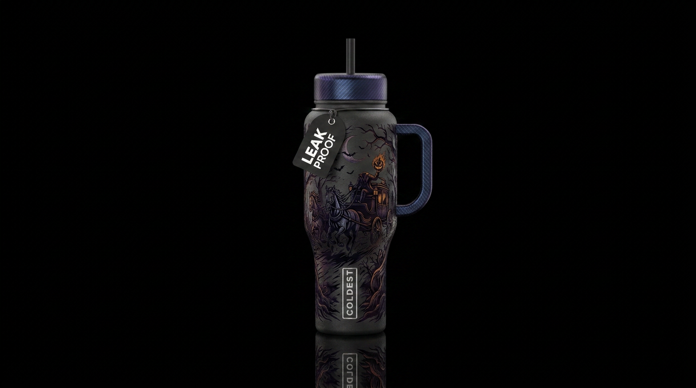 Spooky horse drawn carriage headless horseman water bottle design