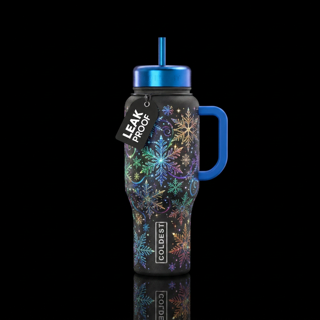 Sparkle snow flakes swirl water bottle design