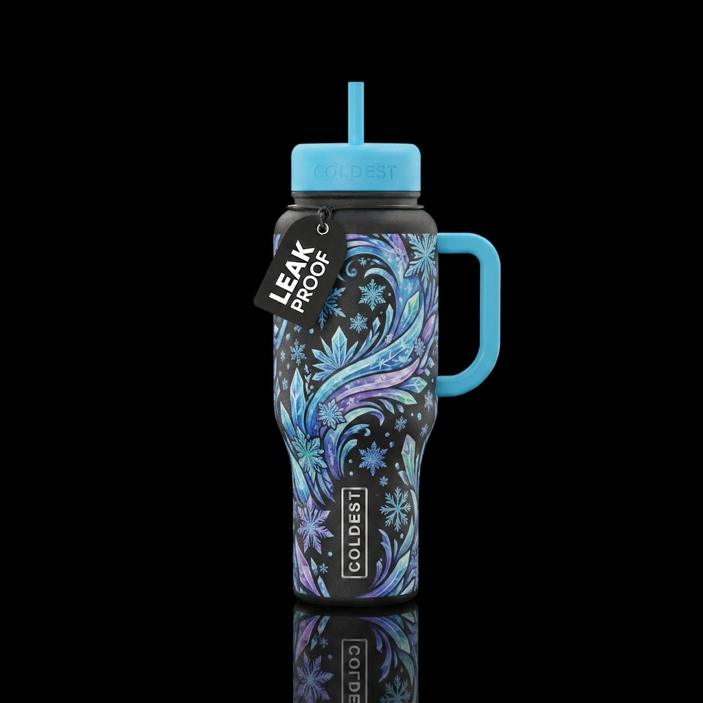 Icy crystals snowflakes swirl water bottle design