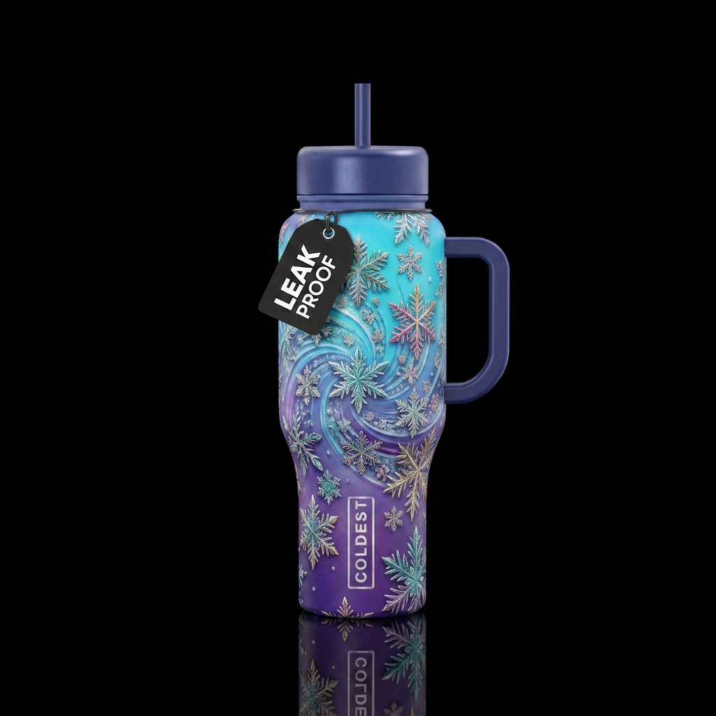 Icy crystals colorful snowflakes swirl ombre water bottle design