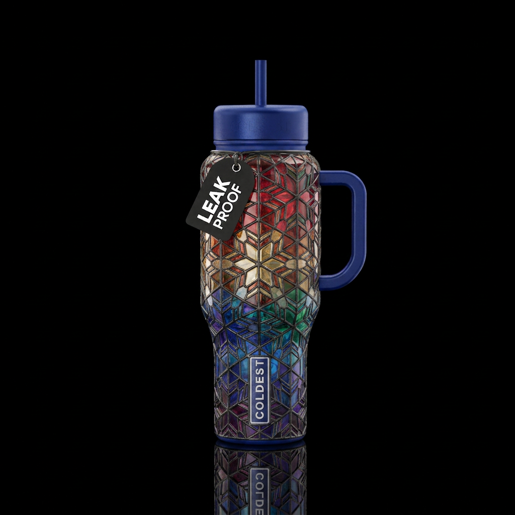 Icy crystals colorful snowflakes ombre, stained gl... water bottle design