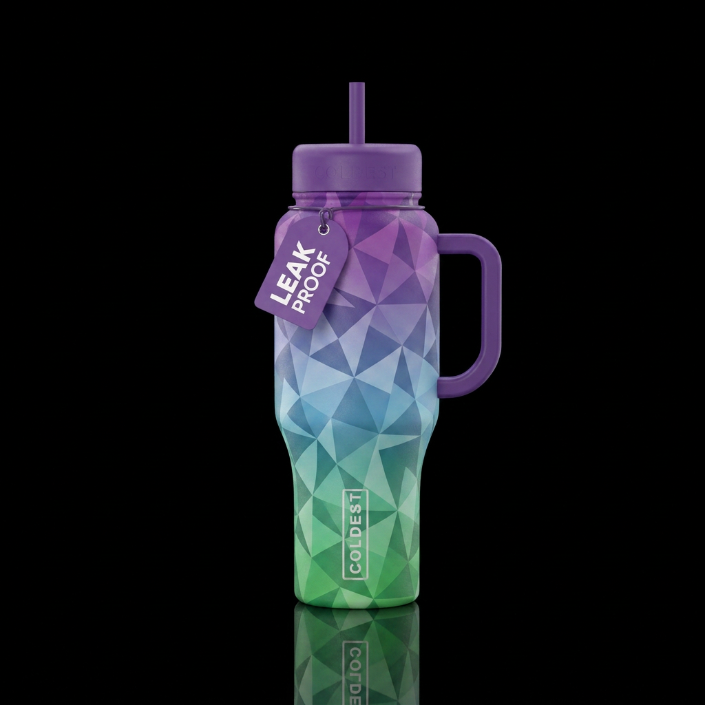 Tesselating triangles purple blue green ombre water bottle design