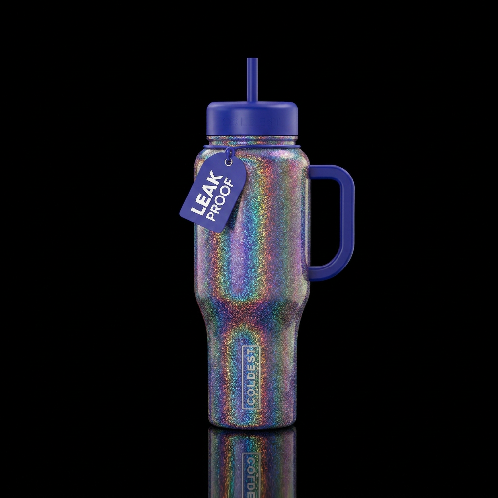 Rainbow glitter irridesemse water bottle design
