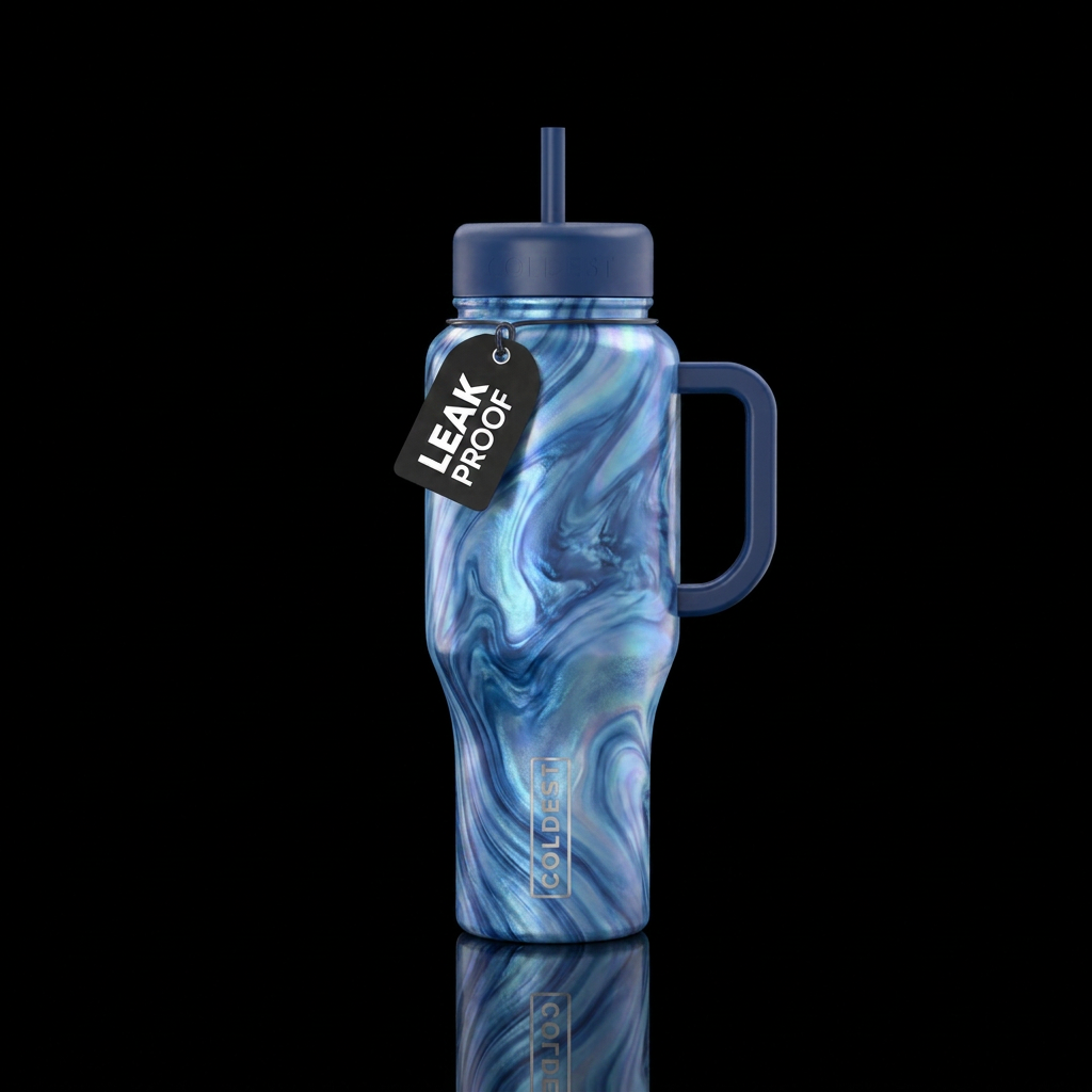 Marble blue swirl irrides water bottle design