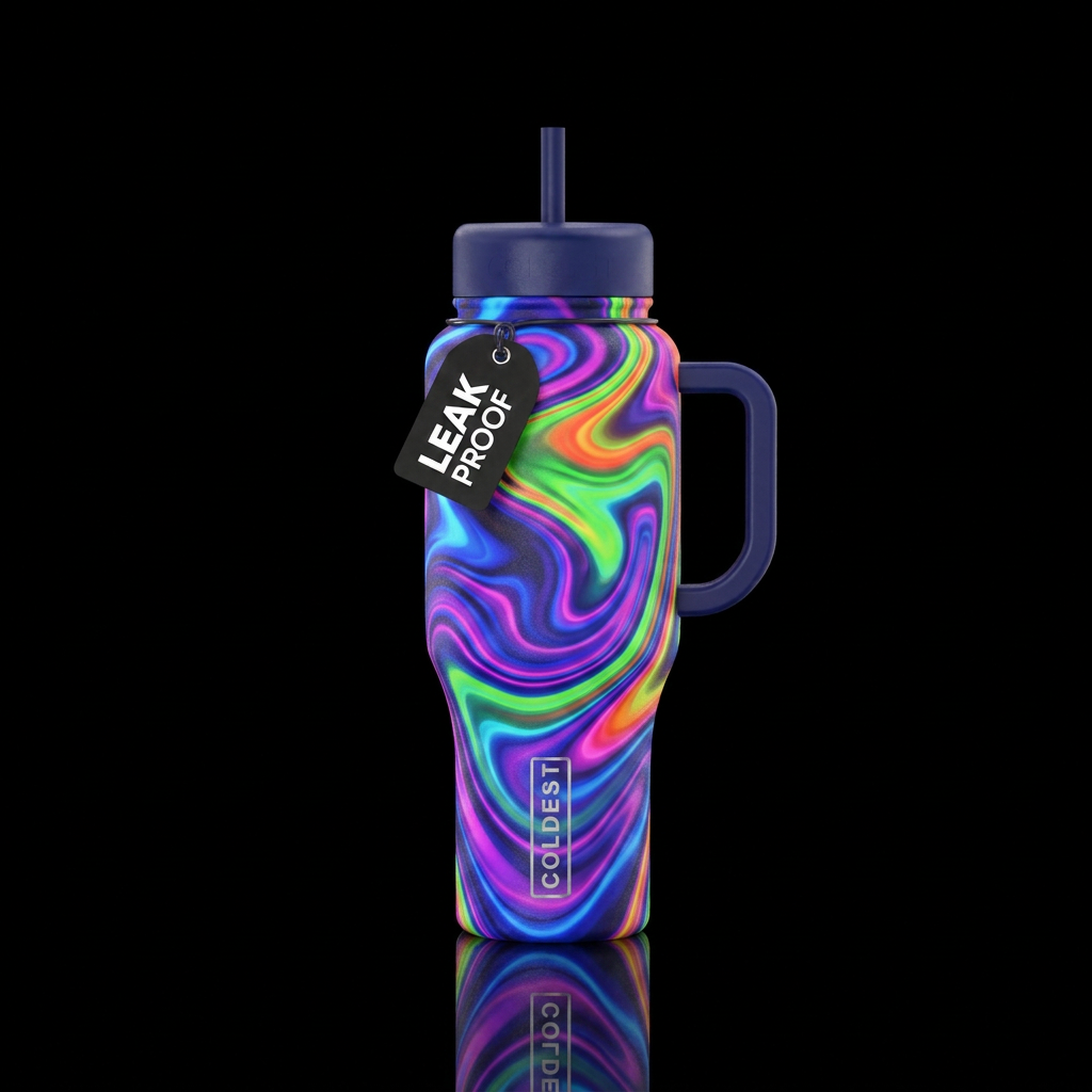 abstract swirl rainbow fantasy neon water bottle design