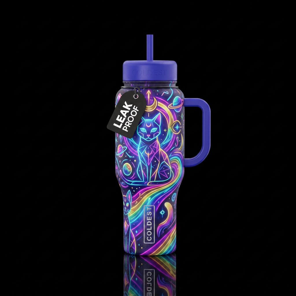abstract cat rainbow fantasy neon water bottle design