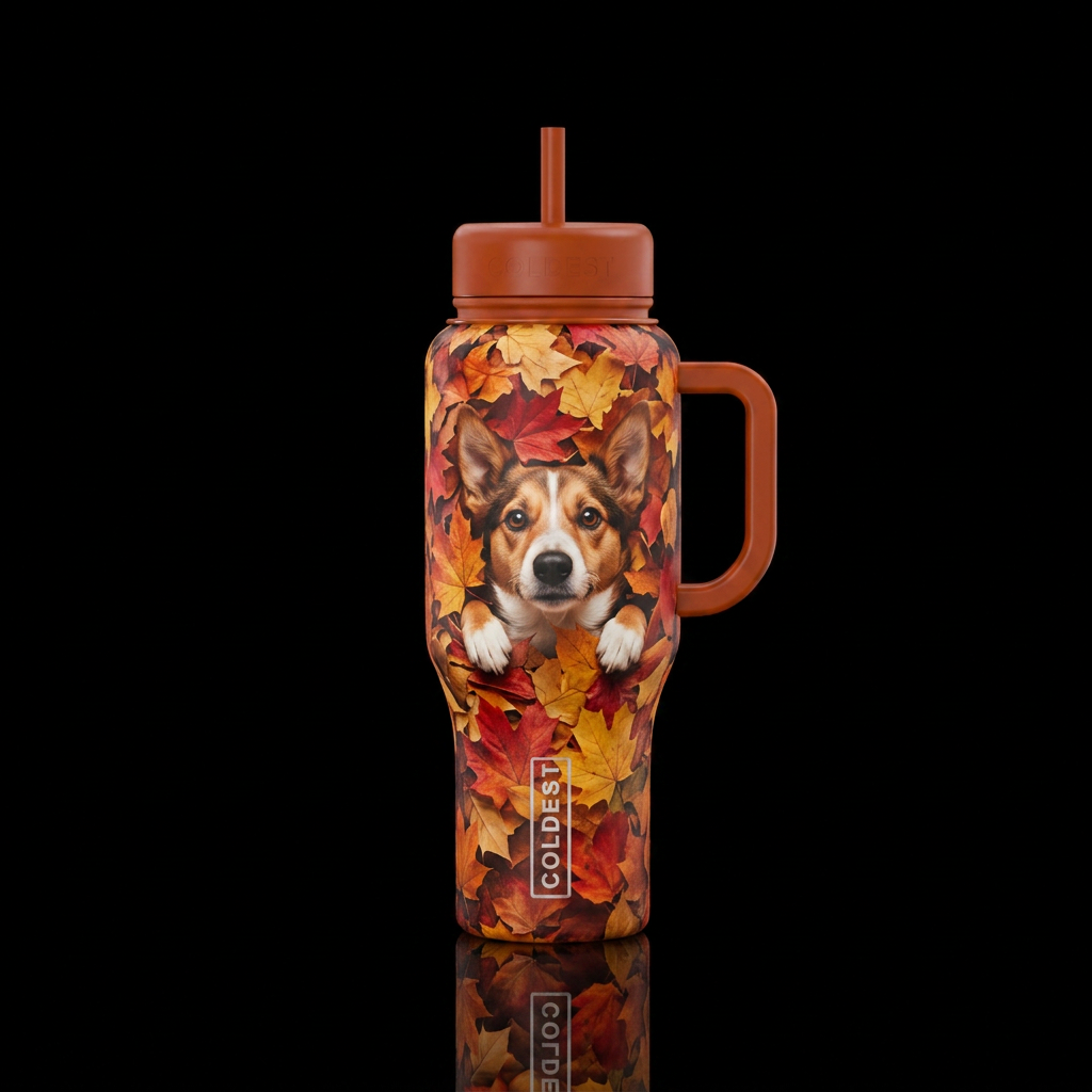 Dog peaking out of a pile of leaves water bottle design